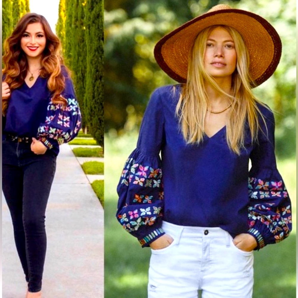 Boho Embroidered Sleeve V-Neck Top - Navy